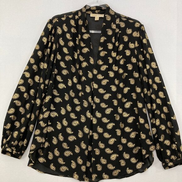 Michael Michael Kors size 1X Black Gold Paisley V Neck Long Sleeve Blouse - Picture 1 of 11